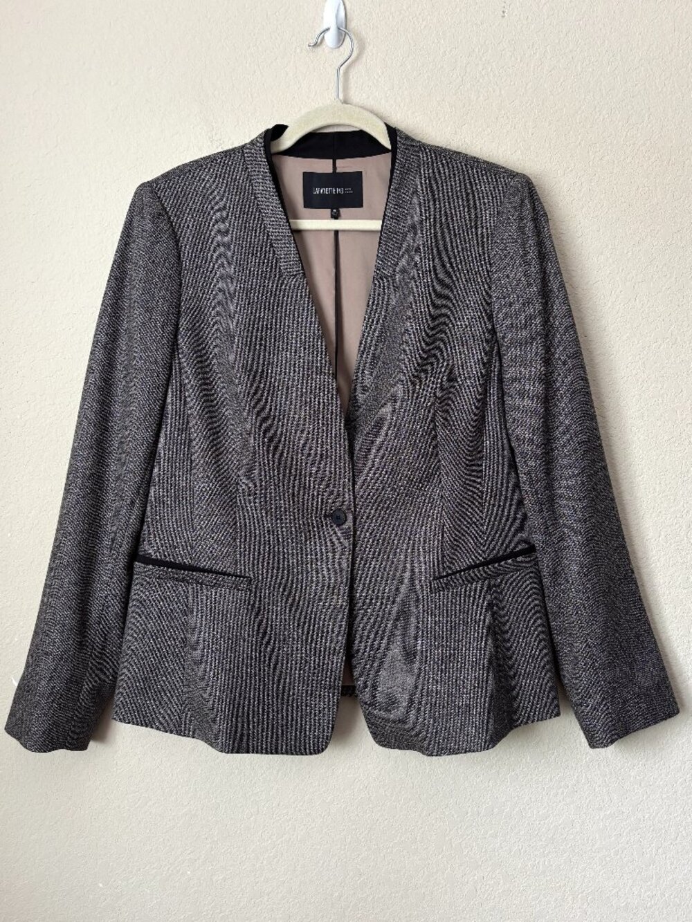 Lafayette 148 Virgin Wool & Silk Heathered Gray Collarless Blazer Jacket